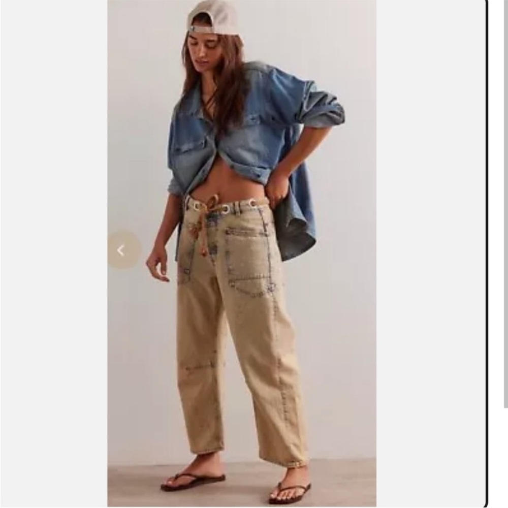 Free People Beige Wide-Leg Jeans with Distressed Stitching